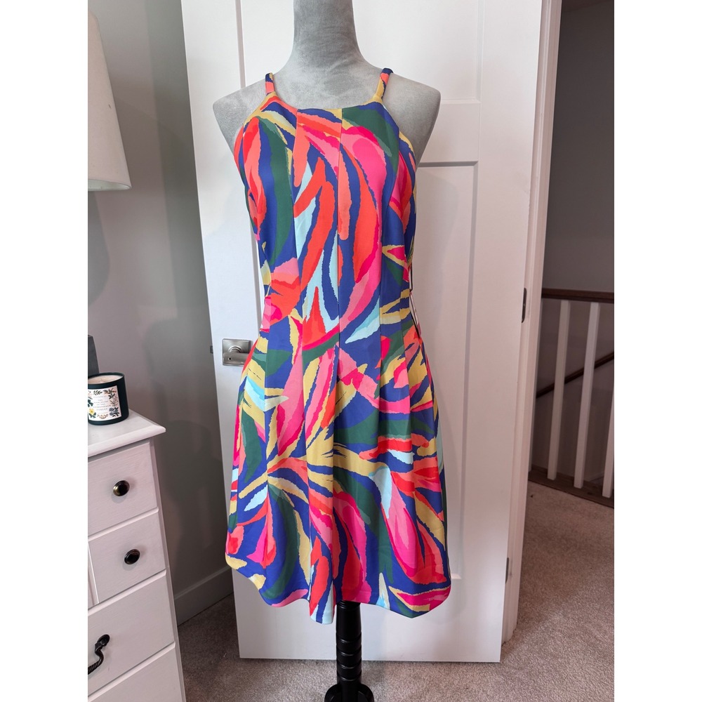 Vince Camuto Womens Abstract Leaf Print Halter Fit & Flare Dress Multicolor new